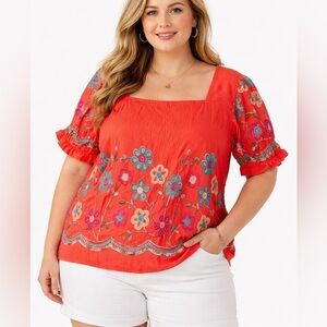Parami Design Embroidered Floral Blouse 2X Square Neck Puff Sleeve Boho